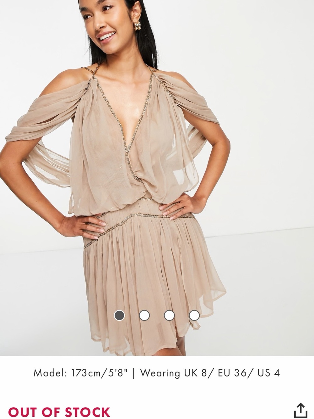 ASOS Beige One-Shoulder Chiffon Dress with Chain Trim